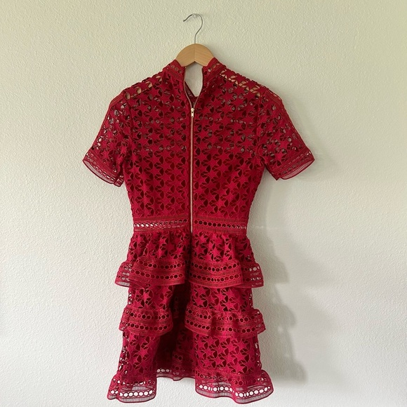 Self-Portrait High Neck Star Lace Panelled Dress in Red - Picture 7 of 7